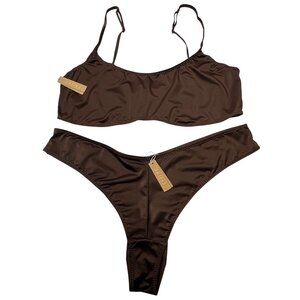 SKIMS Stretch Satin Scoop Neck Bralette + Cheeky Tanga Cocoa 4X